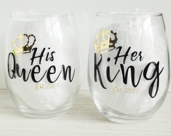 His Queen and Her King Stemless Wine Glasses | Couples Wedding Gift Set | Keepsake Gift For Couples | Anniversary Gift for Couples | His Her