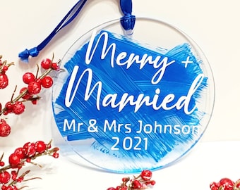 Merry + Married Personalized Christmas Ornament | Wedding Ornament | Mr and Mrs Ornament | Newlywed Gift | Wedding Gift | Gift for Couples