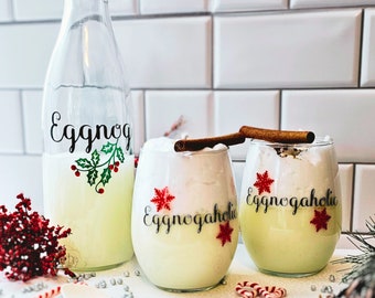 Eggnog Christmas Drinking Glasses with Eggnog Jug, Eggnogaholic Glass Gift Set, Christmas Stemless Wine Glasses