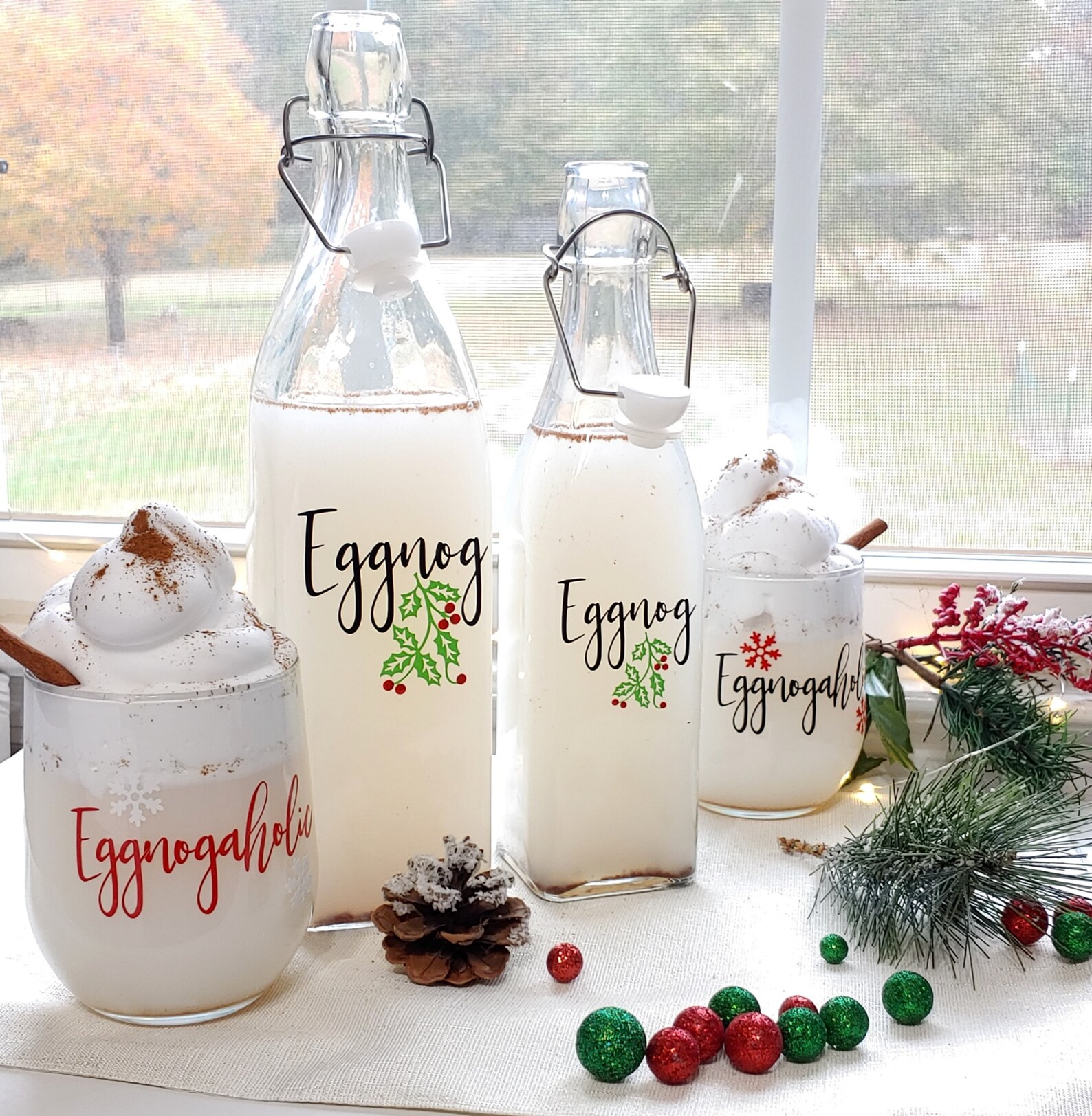 Eggnog Christmas Drinking Glasses With Eggnog Jug Etsy