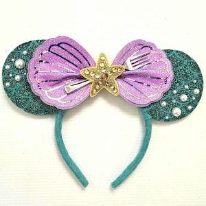Disney Teal Sequin Mermaid Ears Headband with Purple Bow and Gold Accent Disney Minnie Mouse Ears Inspired Headband - Turquoise  main image 3