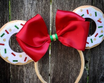 Donut Christmas Minnie Mouse inspired Ears Headband Sprinkles Green Red Gold Holiday