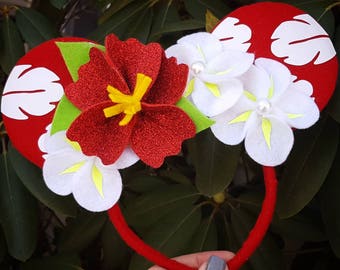 Lilo Halloween Hibiscus Flower inspired Minnie Mouse Headband Red Polynesian Stitch Aulani Ohana