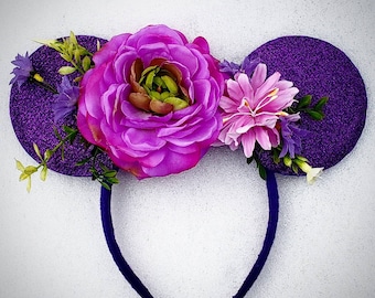 Purple Glitter Minnie Ears Headband, Floral Mouse Ears
