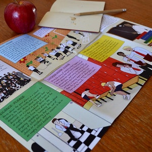Puede incluir: Un folleto doblado con ilustraciones de dibujos animados y texto sobre la vida escolar. El folleto tiene un esquema de color verde, amarillo, rojo y morado. El texto incluye "Silence Please", "Locker Room Scene" y "The Worst Day".
