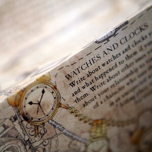 May include: A close-up of a vintage-style pocket watch with Roman numeral markings on the face. The watch is surrounded by a decorative chain and the text "WATCHES AND CLOCKS" is written on the page. Write about watches and clocks you've owned and what happened to them if you no longer have them. Write about other ones you've loved. Write about your relationship to time. Tell us about a character who may have a relationship with time.