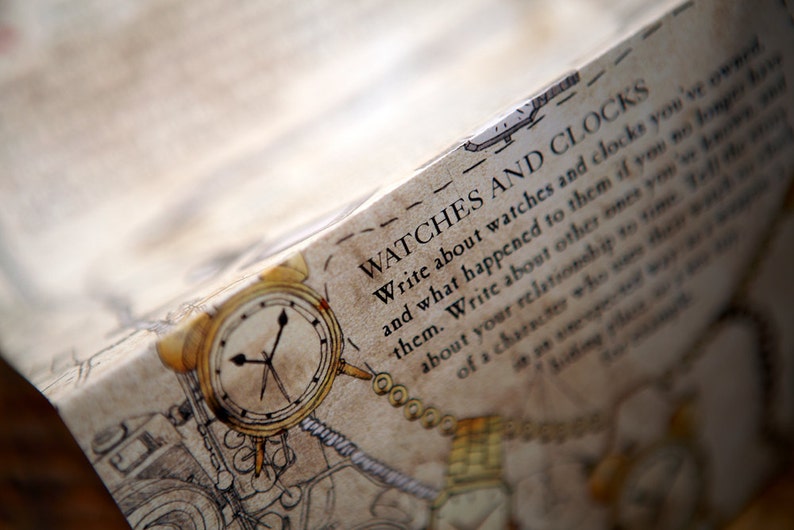 May include: A close-up of a vintage-style pocket watch with Roman numeral markings on the face. The watch is surrounded by a decorative chain and the text "WATCHES AND CLOCKS" is written on the page. Write about watches and clocks you've owned and what happened to them if you no longer have them. Write about other ones you've loved. Write about your relationship to time. Tell us about a character who may have a relationship with time.