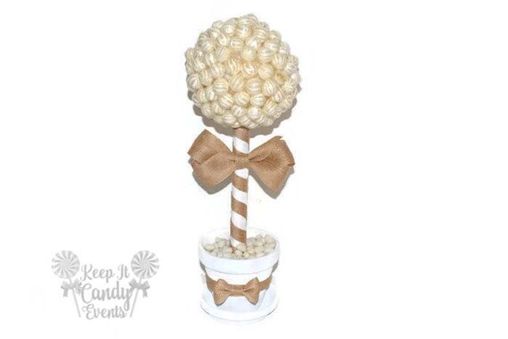 White and Burlap Rustic Lollipop Topiary, Rustic Candy Topiary, Rustic Wedding Centerpiece, Rustic Candy Table, Rustic Candy Buffet Ideas Il_570xn