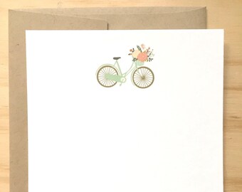 Vintage Mint Green Bicycle Stationery Set, Floral Basket Notecards