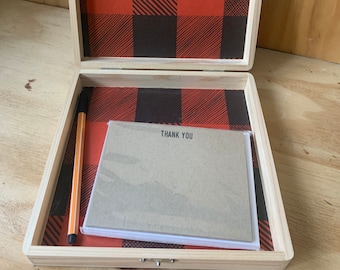 stationery kit, letter writing set, stationery set, stationery / card box, keepsake box, buffalo plaid, thank you note set