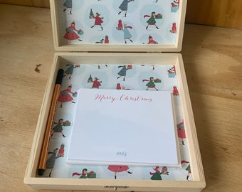 stationery kit, letter writing set, stationery set, stationery / card box, keepsake box, vintage holiday shoppers, Christmas