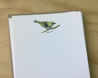 vintage inspired flat note cards and envelopes, green bird stationery set, bird, set of 10