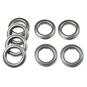 May include: Eight silver metal curtain rings, each with a smooth, rounded edge and a slightly raised inner lip. The rings are arranged in two rows of four.