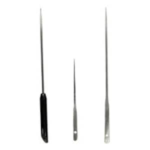 May include: Three stainless steel crochet hooks with black plastic handles. The hooks are different sizes and are used for crocheting.