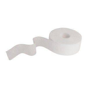 May include: A roll of white hook and loop tape, also known as Velcro, is shown partially unrolled. The tape is soft and fuzzy.