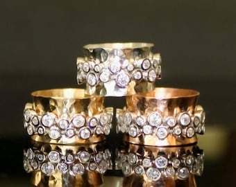 Cubic Zirconia Spinner Ring: Hammered 14k Gold Meditation Band
