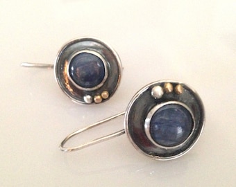 Oxidized Sterling Silver Kyanite Earrings: Mixed Metal Dangle Earrings