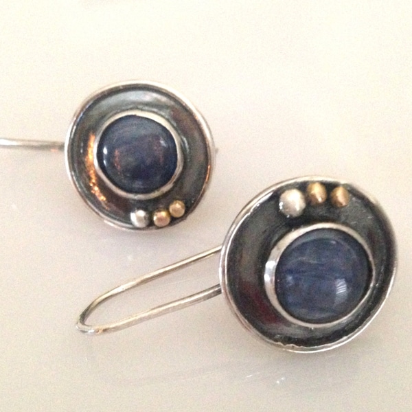 Oxidized Sterling Silver Kyanite Earrings: Mixed Metal Dangle Earrings