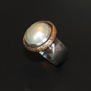 Oxidized Sterling Silver Mabe Pearl Ring: Floral Gold Accent, June Birthstone