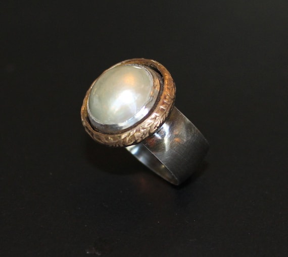 Oxidized Sterling Silver Mabe Pearl Ring: Floral Gold Accent, June Birthstone
