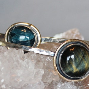 handmade gemstone bangle - mixed metal bangle bracelet - blue bangle bracelet - artisan bangle - apatite tiger eye bangles