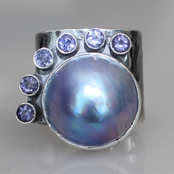 mabe pearl ring - tanzanite ring - rustic pearl ring - oxidized tahitian peal ring - purple ring - purple pearl ring - pearl statement ring