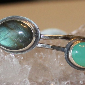 Labradorite Chrysoprase Bangle Bracelet: Hammered Sterling Silver Stackable Gemstone Bangles