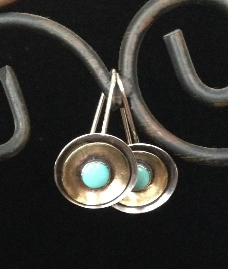 Discus Blue Turquoise and Leather Sterling Silver Earrings