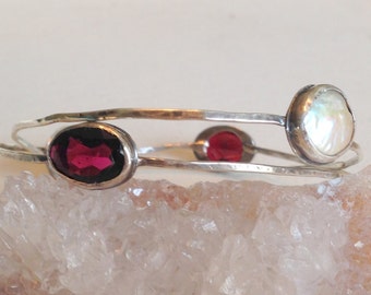 Sterling Silver Garnet & Pearl Bangle Bracelet Set