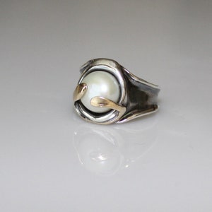 Silber und gold Perle Ring - Creme Mabe Perle ring in Sterling 10k gold - Perle anweisungsring - weiße Perle Ring Silber und gold