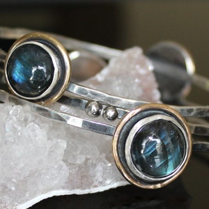 labradorite bangles - mixed metal stacking bangles - blue bangle bracelet - labradorite bracelet - silver and gold bangles