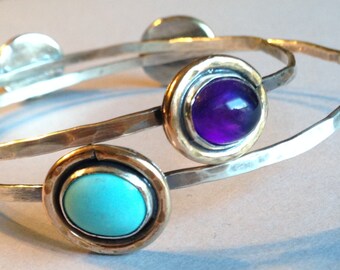 Türkis Amethyst Armreif Set: Echtsilber Edelstein Armbänder