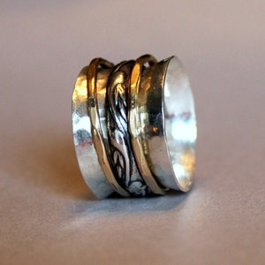 silver and gold spinner ring - mixed metal worry ring - mixed metal spinner ring - silver spinner ring - wide band ring - meditation ring