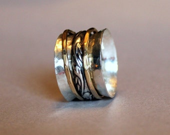 silver and gold spinner ring - mixed metal worry ring - mixed metal spinner ring - silver spinner ring - wide band ring - meditation ring