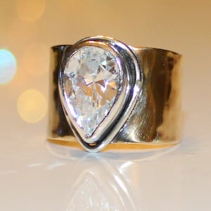 gold wide band solitaire ring - large cz wide gold band - cubic zirconia gold ring - gold cigar band - extra large cz on gold - 10k 14k gold