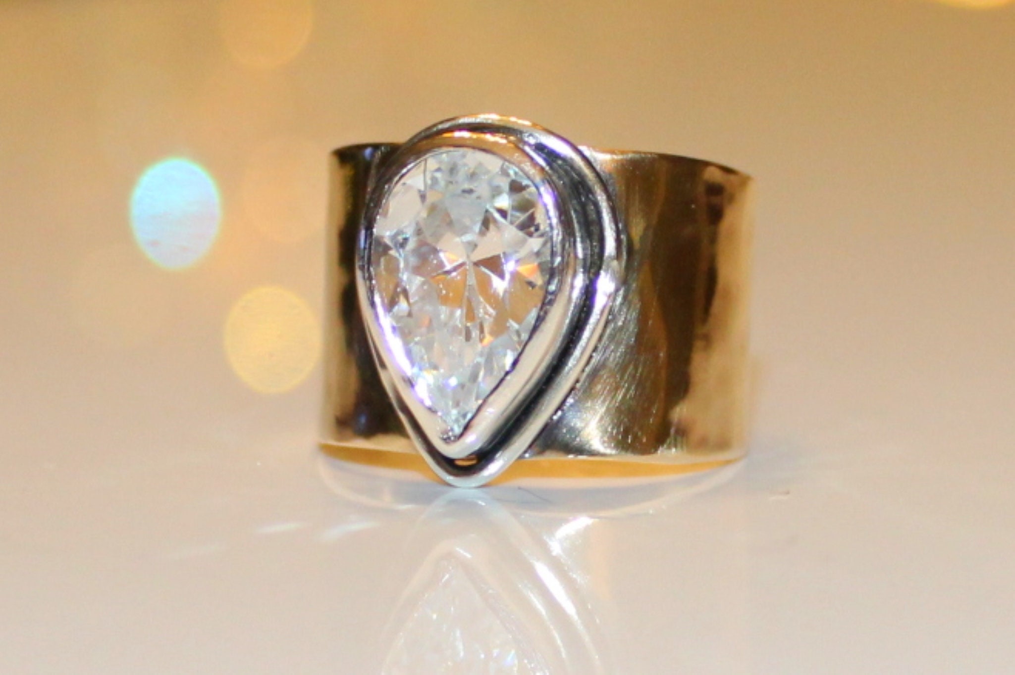 Gold Wide Band Ring: Pear CZ Solitaire, 10k/14k Gold