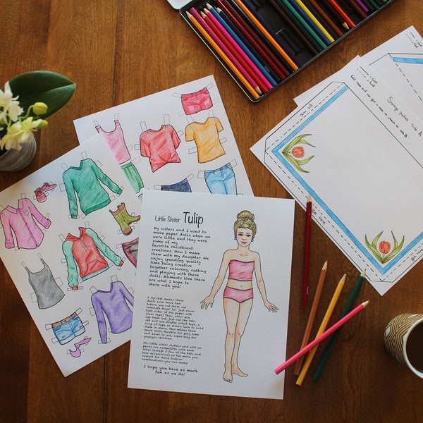 Paper Doll Coloring Pages PDF Little Sister Collection - Tulip (Printable File)