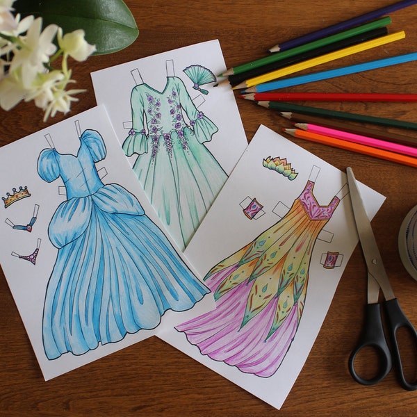 Paper Doll Coloring Pages PDF - Princess Dress Add-on for the Little Sisters Collection (Fichier imprimable) (poupée vendue séparément)