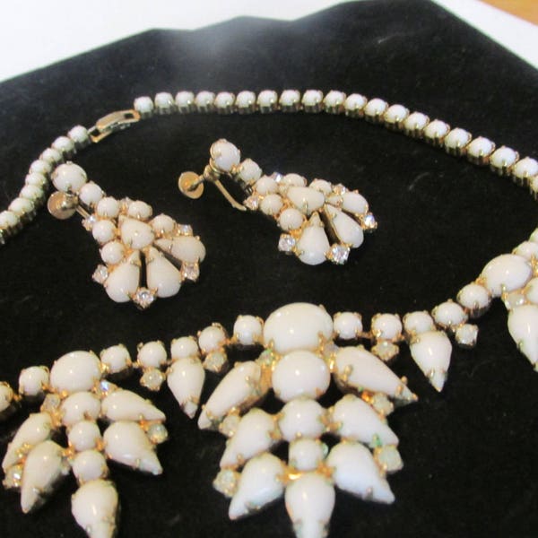 Vintage Semi-Parure Necklace and Earrings, Signed Continental, White Milk Glass, GoldTone Foil Backed, ScrewOn Earrings, Collectible Jewelry