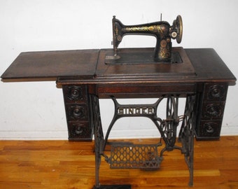 Antique 1910 Singer Treadle Sewing Machine Table - Includes Original Parts and Accessories