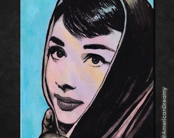 New Original AUDREY HEPBURN Pop Art PAINTING 8" x 10" Actress Classic Hollywood Breakfast at Tiffany's Holly Golightly Gigi Roman Holiday