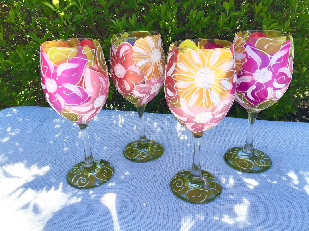 Hand Painted Glass Floral Wine Glass Set of 4, Hand Painted Flower Wine