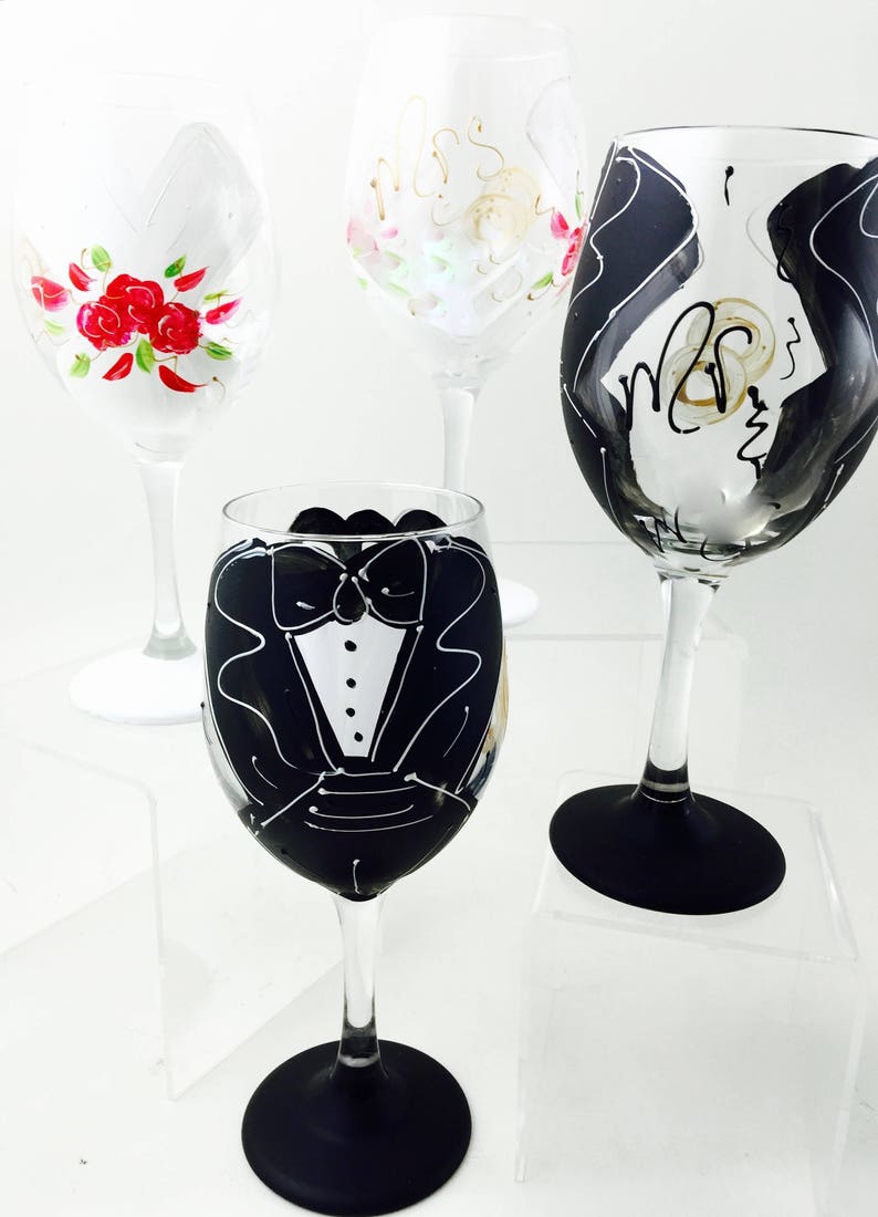 Hand Painted Glass Wedding Dress Wine Glass Bride Married Marriage Hand