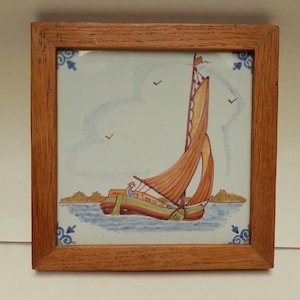 earthenware tile sailboat - Makkum Tichelaar - hand-painted - Dutch