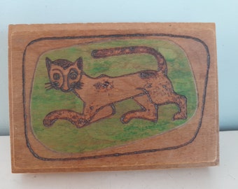 vintage wooden box with cat - jewelry box