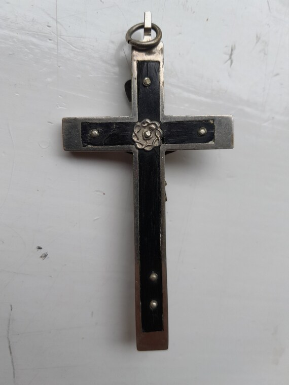 Antique Pectoral Cross Crucifix Ebony Wood Inlay - Skull With