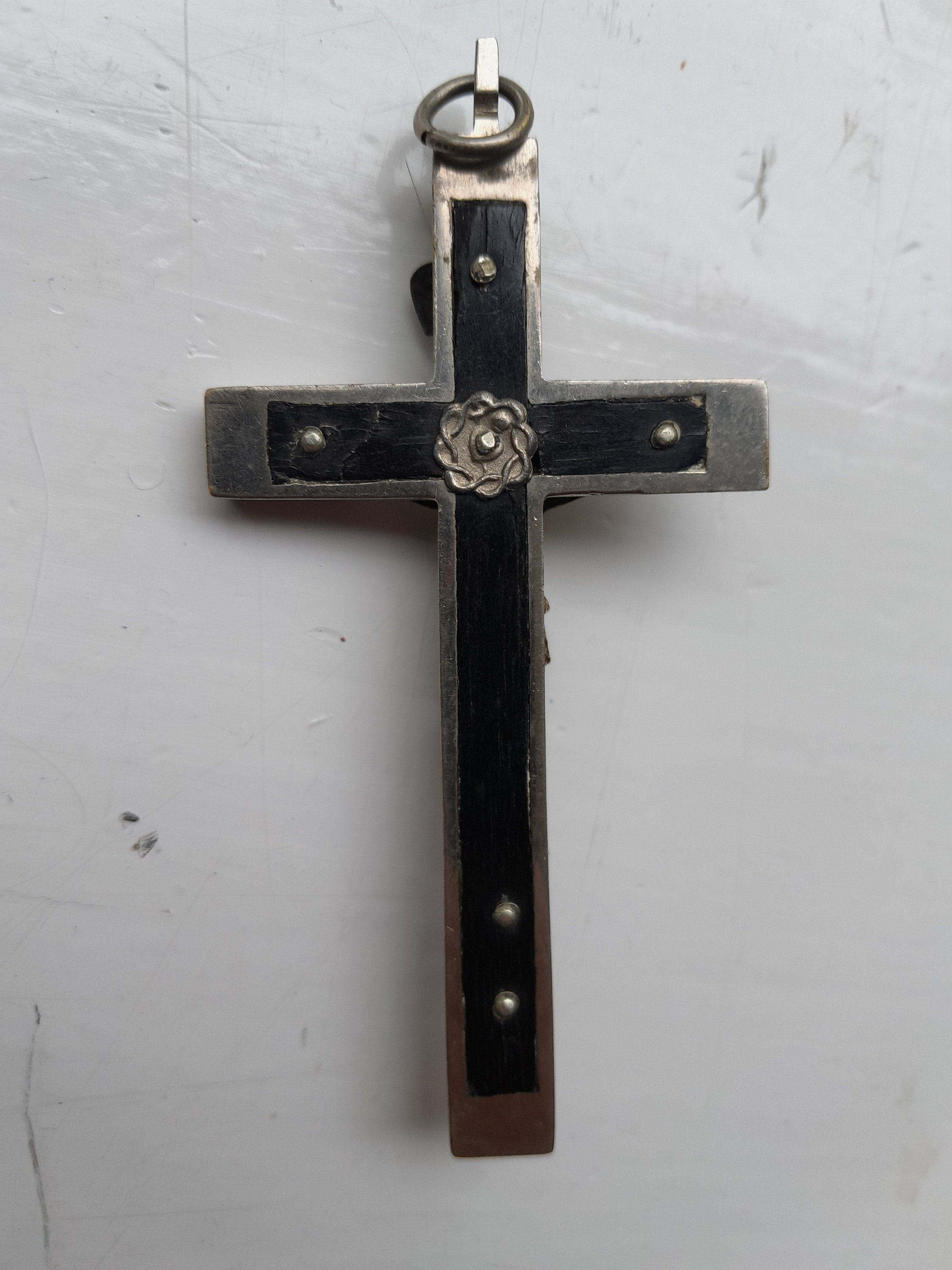 Antique Pectoral Cross Crucifix Ebony Wood Inlay - Skull With