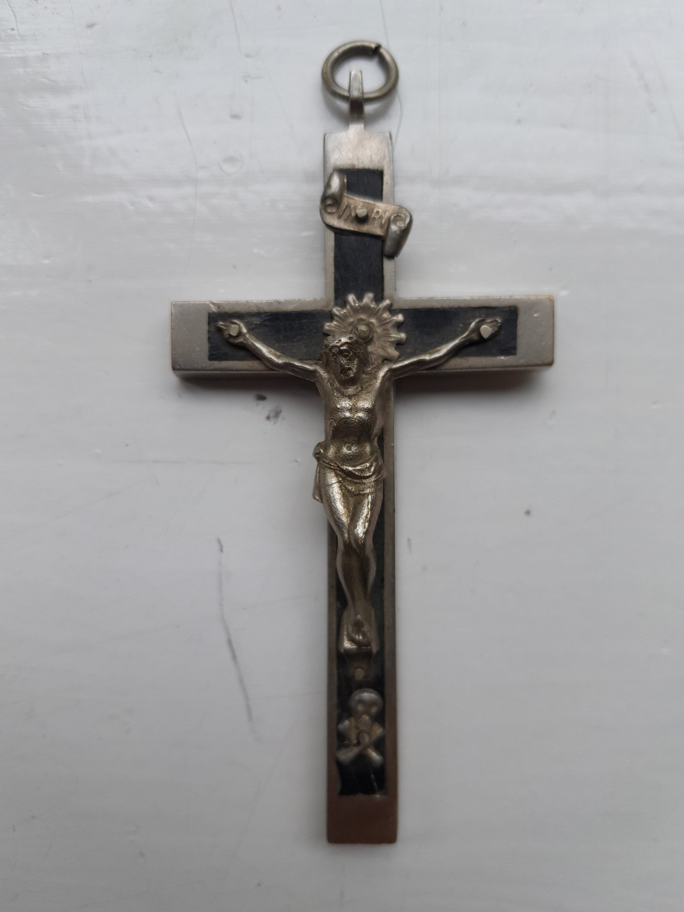 小物 engrave the cross Antique Pectoral Cross Crucifix Ebony Wood Inlay - Skull With