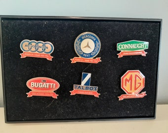 Set of 6 grand prix car brand pins - Bugatti MG Mercedes Audi Talbot Connaught