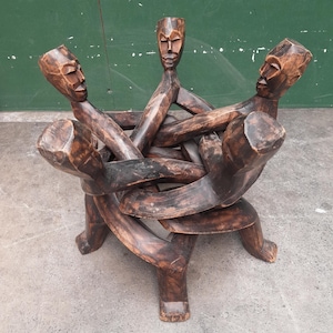 Vintage African Wood Hand Carved - 5 Man - Unity Sculpture Tribal Art
